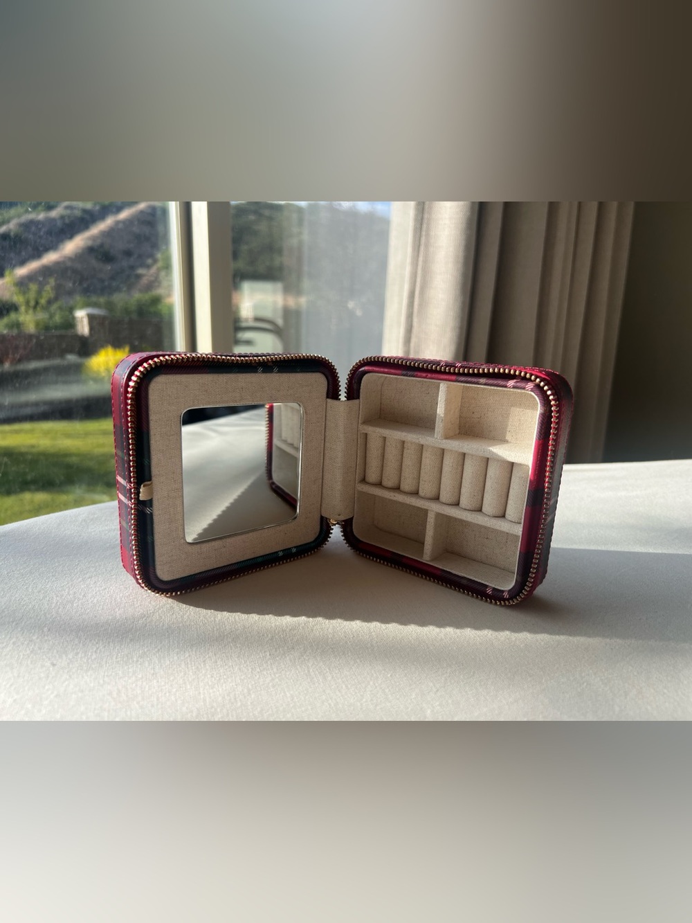 Mark & Graham Plaid Travel Jewelry Case Zip-Around w/ Mirror Faux Leather